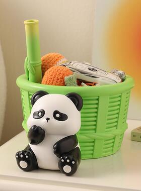 创意熊猫家居钥匙玄关收纳树脂摆件仿竹篓家用客厅办公桌面装饰品