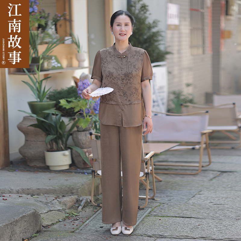 现货抄底价【江南故事】妈妈夏季新款中式缎面贵气阔太太套装