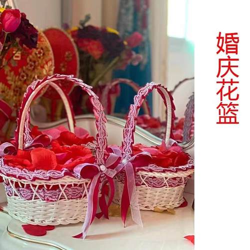 婚礼红色喜庆花篮糖果手工编织手提花篮西式婚礼心形撒花瓣篮 - 图0