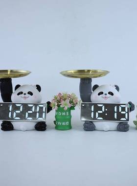 熊猫钥匙收纳摆件智能数字时钟入户玄关客厅家居装饰品电子钟闹钟