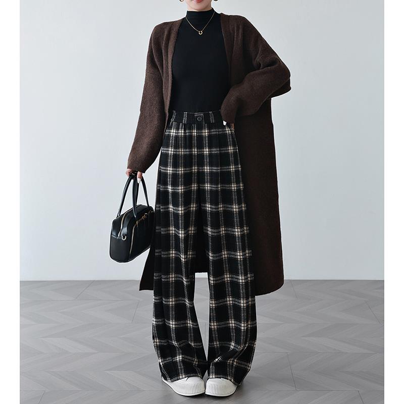 格子裤女春秋冬季加绒高腰宽松香蕉裤毛呢裤子醋酸羊毛阔腿裤 - 图0