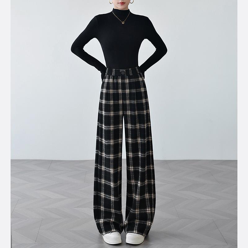 格子裤女春秋冬季加绒高腰宽松香蕉裤毛呢裤子醋酸羊毛阔腿裤 - 图3