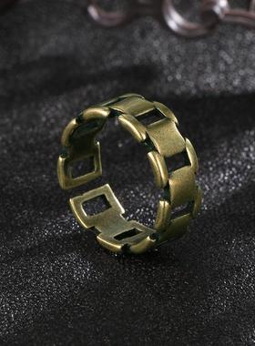 新款跨境复古做旧黄铜戒指女男个性小众设计古铜指环食指戒子