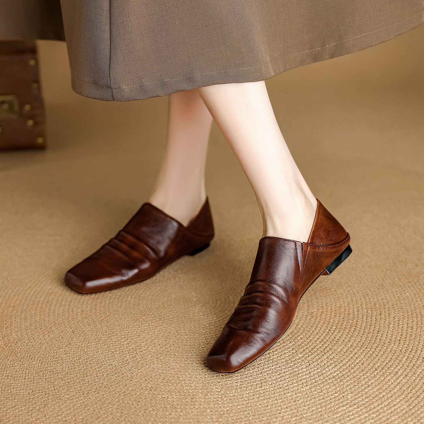 2026新款复古风方头平底头层牛皮单鞋女通勤深口小皮鞋舒适方头鞋,淘宝优惠券,粉丝福利购,淘宝优惠卷