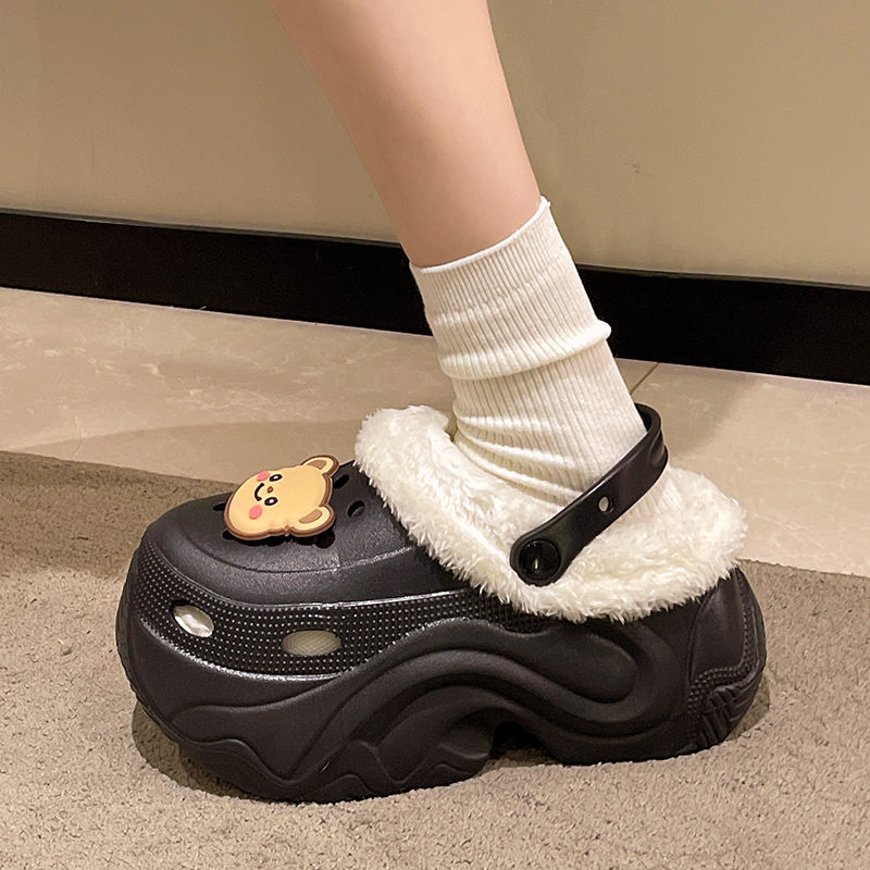 高跟加绒洞洞鞋女外穿秋冬季厚底增高保暖防滑包头毛毛棉拖鞋,淘宝优惠券,粉丝福利购,淘宝优惠卷