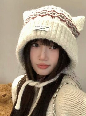 冬季加绒猫耳针织帽女显脸小