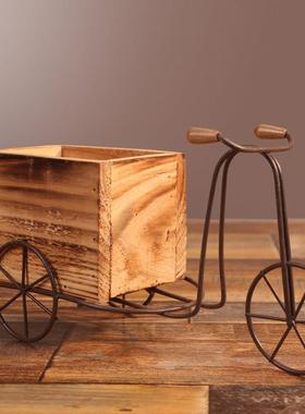 田园铁艺自行车花架室内摆台式三轮车木质花盆架家居桌面摆件装饰