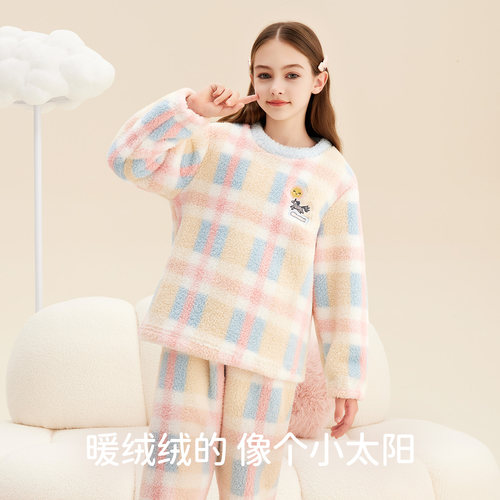 笛莎新款儿童加厚法兰绒家居服加绒女童2025秋冬季睡衣保暖套装 - 图0