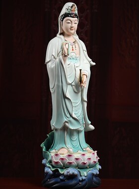 七珍陶瓷南海观音菩萨佛像摆件站立像观世音菩萨德化白瓷家用供奉