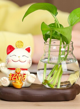 办公桌摆件招财猫装饰品玻璃花瓶办公文化礼品办公室可爱手工装饰