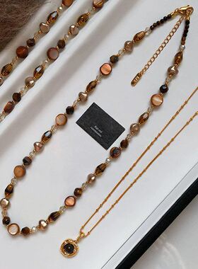 美拉德虎眼石串珠毛衣链女叠戴长