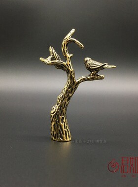 实心黄铜迷你小树枝摆件 黄铜喜鹊枝头铜小树两个小鸟小铜件铜饰