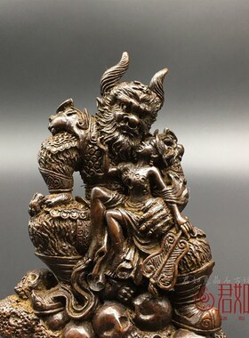 实心铜西游记牛魔王铁扇公主摆件火焰山芭蕉扇铜牛茶宠把件铜微雕