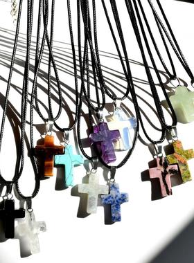 天然石水晶十字架吊坠项链男女情侣礼物时尚百搭皮绳锁骨链毛衣链