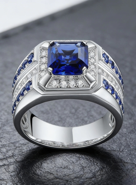 新款满钻银色男款戒指 合金镶嵌蓝色方钻锆石戒指潮男戒