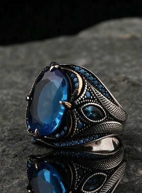 欧美复古风男士戒指做旧蓝宝石星芒工艺指环小众设计潮男配饰