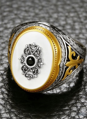 欧美镶嵌天然珍珠母贝戒指男士复古宫廷风个性指环