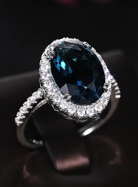新款配饰 优雅女士蛋形孔雀蓝色锆石戒指 周年庆典指环女