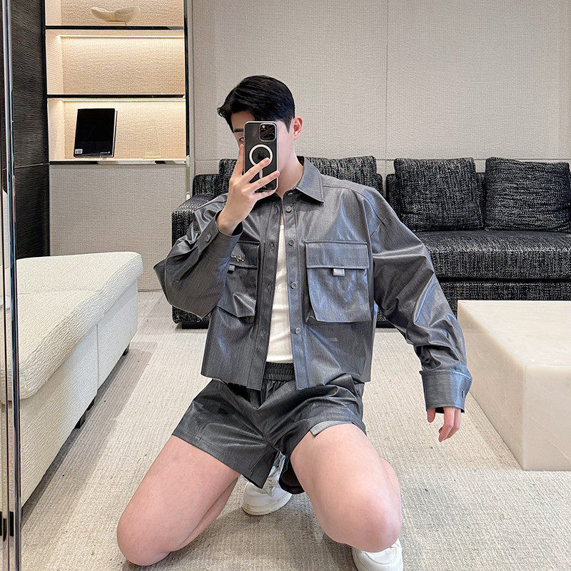 2024春夏设计感工装仿牛仔压膜立体口袋衬衣男套装韩版两件套,淘宝优惠券,粉丝福利购,淘宝优惠卷