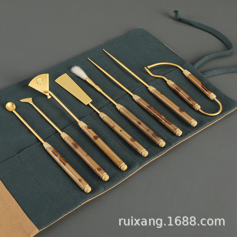 r706x湘妃竹子黄铜香道七件金/仿套装色香篆模香印工具器具香勺 - 图1