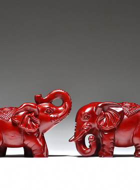 红色实木质大象摆件一对木雕工艺品客厅玄关家居装饰品新居送礼象
