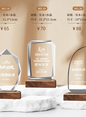 彩色水晶创意奖杯实木榉木奖制作木质底座雕刻公司比赛颁奖文艺