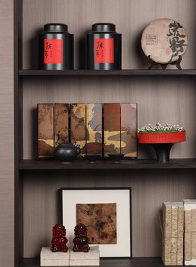 新中式博古架茶室书房客厅玄关装饰品禅意仿真花茶叶罐书捆组合