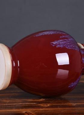 景德镇花瓶仿古活红色裂纹钧瓷双耳窑变环观赏花瓶装饰工艺品摆件