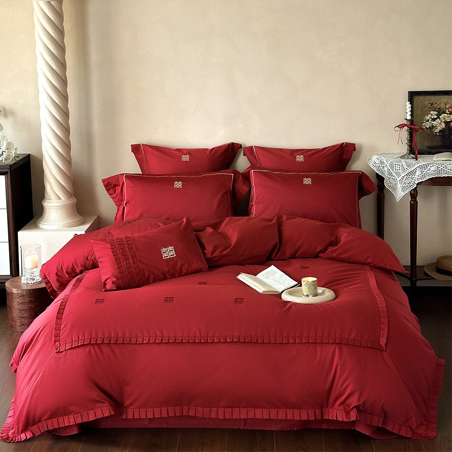 新婚快乐婚庆四件套全棉100S长绒棉喜字刺绣红色结婚被套床单床笠,淘宝优惠券,粉丝福利购,淘宝优惠卷