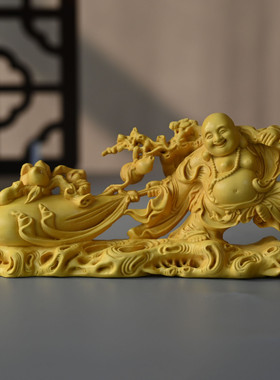 黄杨木雕拉袋弥勒摆件布袋雕刻实木和尚像居家木质工艺品摆件