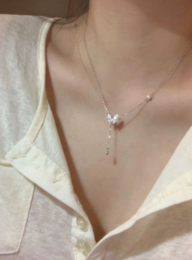 流苏蝴蝶999纯银项链女生款轻奢小众珍珠颈链锁骨链520情人节礼物