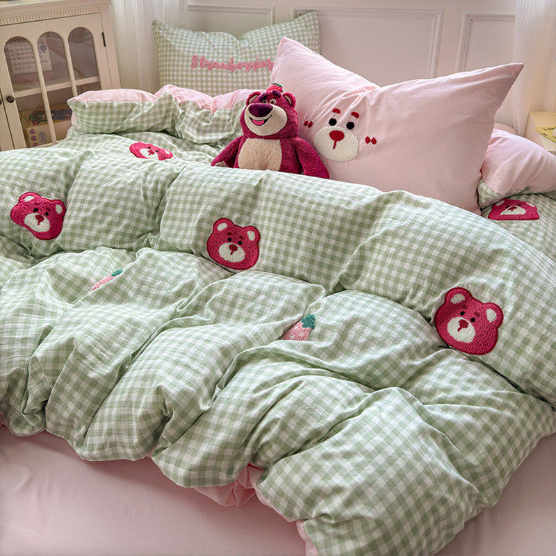 ins卡通水洗棉刺绣四件套儿童宿舍床单三件套猫kt少女心床笠被套4,淘宝优惠券,粉丝福利购,淘宝优惠卷