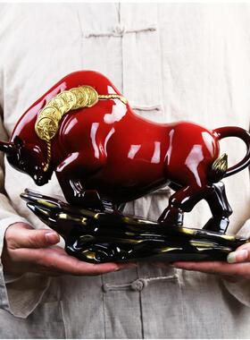 大号牛摆件红色牛气冲天办公室奢华老板桌面装饰动物摆放开业送礼