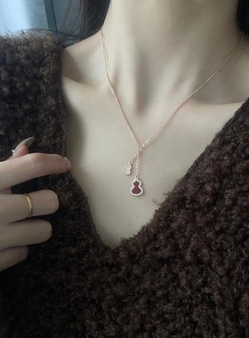 999纯银红玛瑙双葫芦项链女2025年新款玫瑰金福禄锁骨链生日礼物