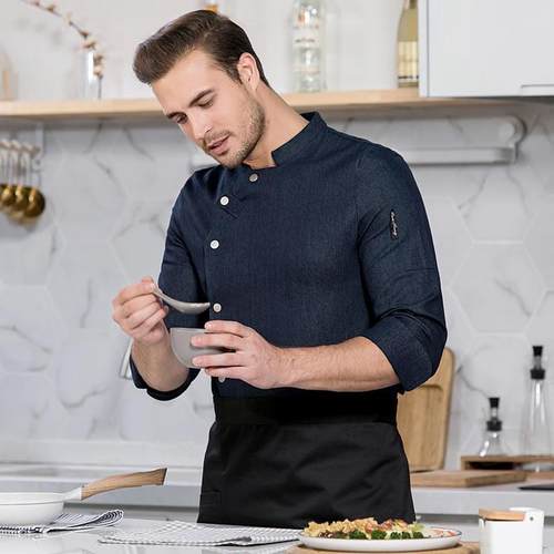 厨师服秋冬时尚餐饮厨房厅长袖潮装牛仔西餐厨师工作服男酒店个性 - 图0