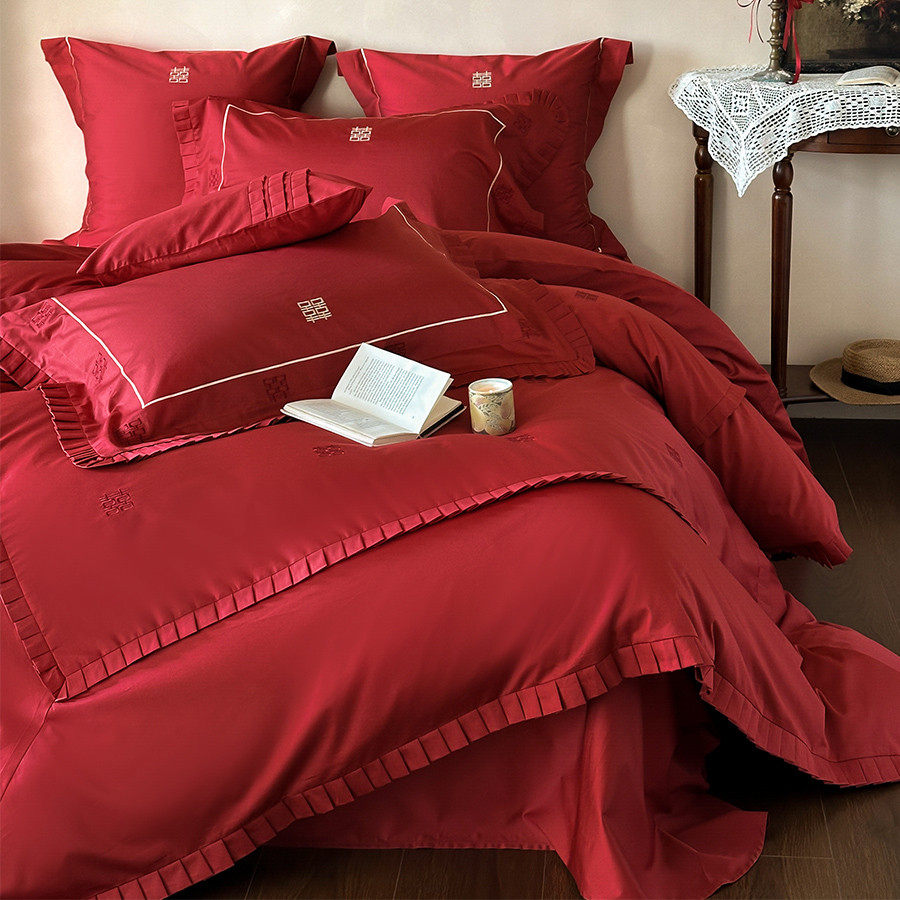 新婚快乐婚庆四件套全棉100S长绒棉喜字刺绣红色结婚被套床单床笠,淘宝优惠券,粉丝福利购,淘宝优惠卷