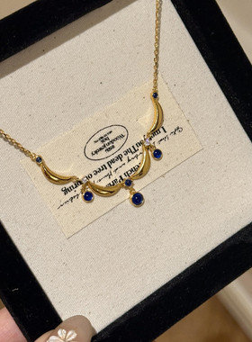 复古花边蓝色水滴项链女款秋冬百搭高级感毛衣链小众设计感锁骨链