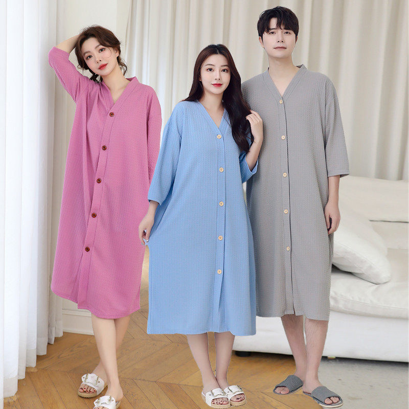夏季吸水睡衣连体纽扣开衫睡裙男士浴衣裙薄款可裸穿浴袍春秋睡袍,淘宝优惠券,粉丝福利购,淘宝优惠卷