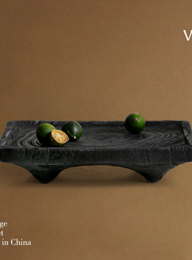 梵其侘寂风碳化木圆形托盘摆件样板间客厅茶几桌面干泡茶台茶盘