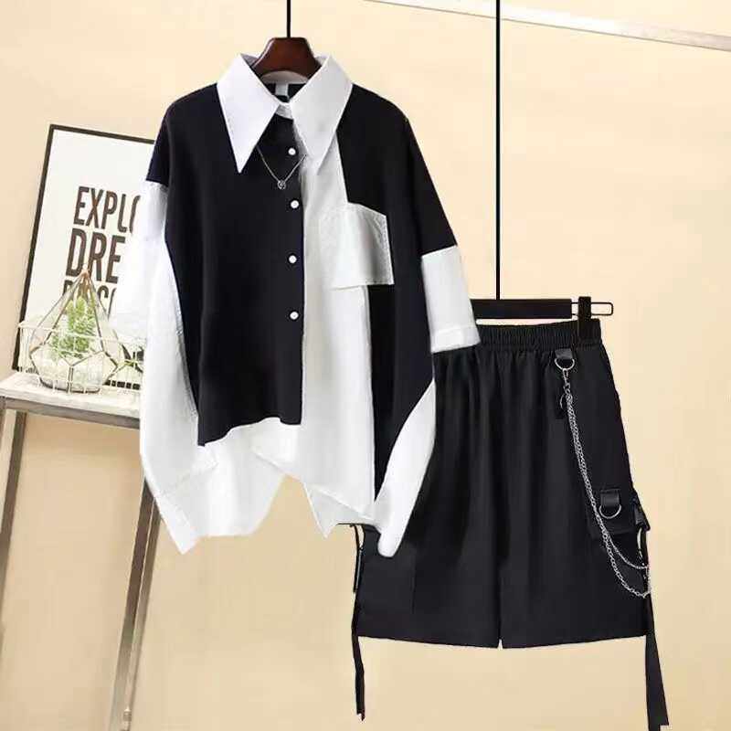 2024夏季男女套装韩版宽松设计感拼接衬衫帅气工装五分裤两件套潮,淘宝优惠券,粉丝福利购,淘宝优惠卷