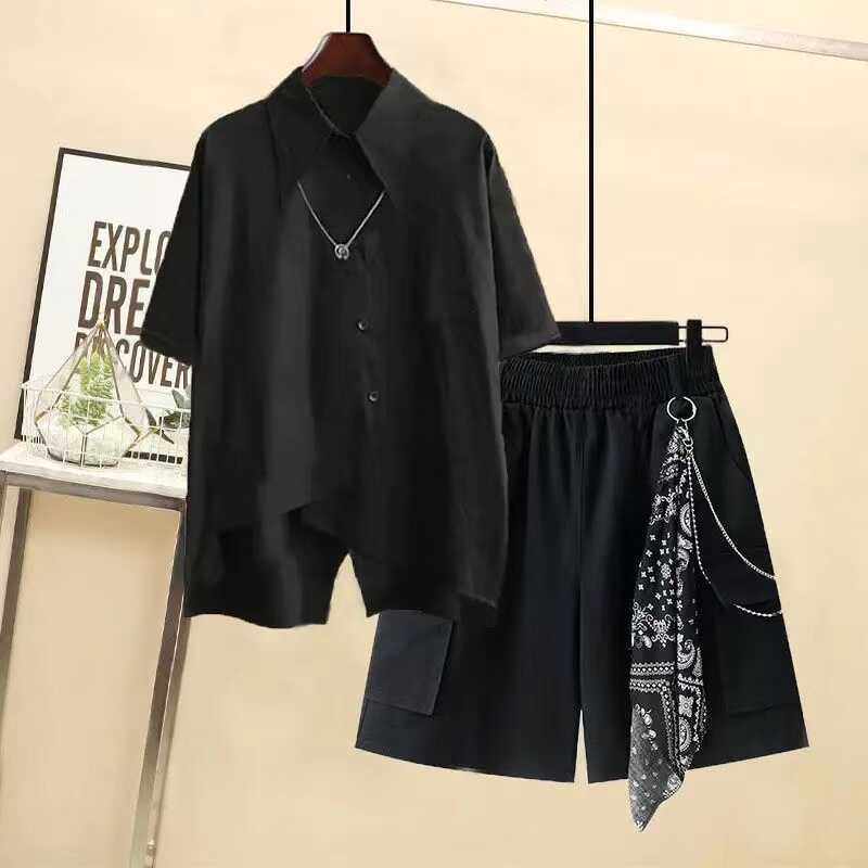 2024夏季男女套装韩版宽松设计感拼接衬衫帅气工装五分裤两件套潮,淘宝优惠券,粉丝福利购,淘宝优惠卷