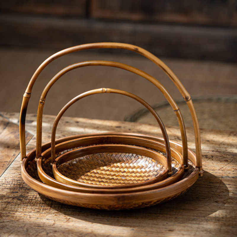 竹编小提篮果盘零食盘茶点盘小古风竹篮子点心手提篮圆形托盘摆件,淘宝优惠券,粉丝福利购,淘宝优惠卷