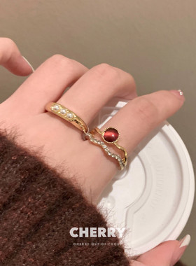 玛瑙猫眼石珍珠双层开口戒指女土星法式宫廷食指戒复古高级感指环