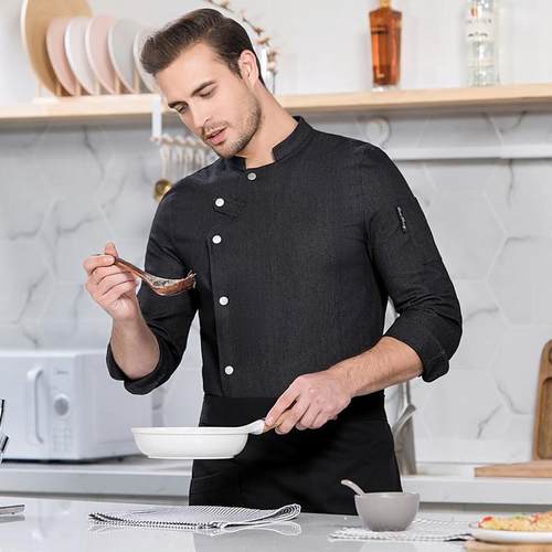 厨师服秋冬时尚餐饮厨房厅长袖潮装牛仔西餐厨师工作服男酒店个性 - 图1