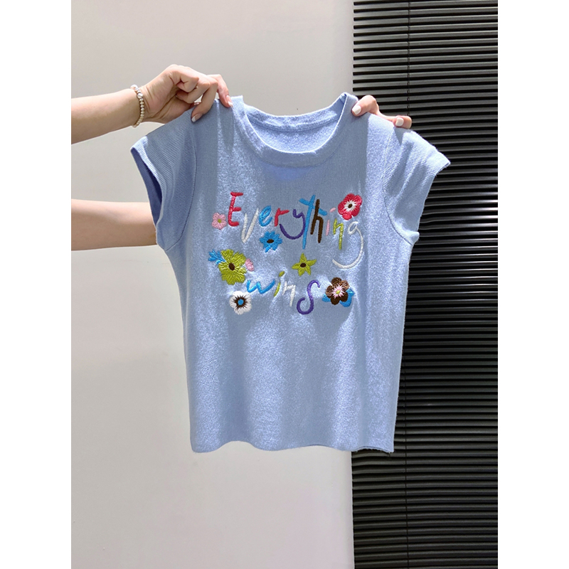 小飞袖针织短袖T恤女2025夏季新款修身显瘦别致绝美无袖小衫上衣 - 图3