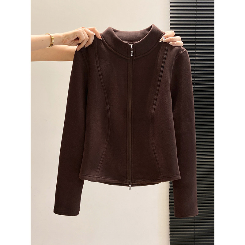 秋冬季立领加绒加厚德绒长袖打底衫女收腰显瘦短款双拉链上衣外套,淘宝优惠券,粉丝福利购,淘宝优惠卷