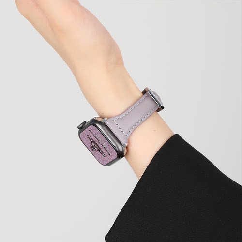 【牛皮】适用于applewatchs12苹果iwatch110真皮质9手表表带8女士新款SE纯色Ultra4紫色小蛮腰春秋高级感华为 - 图1