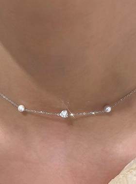 s925纯银珍珠闪钻项链清新优雅简约满天星锁骨链温柔高级感颈链潮