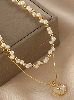 淡水珍珠双层叠戴链滴油玫瑰花项链交叉编织小颗粒淡水珍珠锁骨链