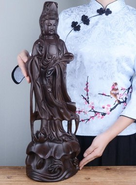 快速发货b黑檀木雕观音佛像摆件实木如意观音菩萨莲花供佛家居镇